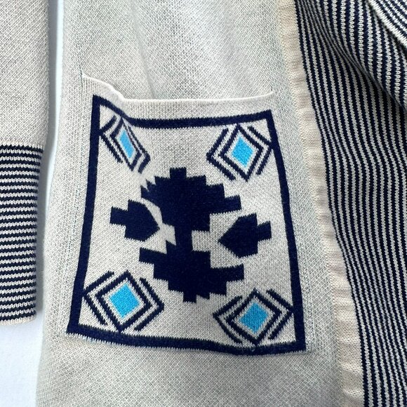 If It Were Me Open Cardigan Sweater Womens Size S Cream Blue Aztec 100% Cotton - Picture 6 of 10